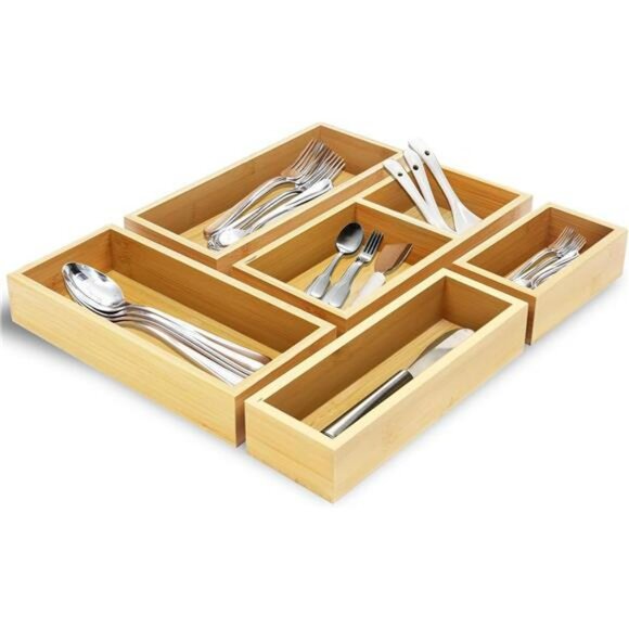 Bamboo drawer organizer set of 5 wooden storage trays kitchen desk vanity makeup - Picture 1 of 8